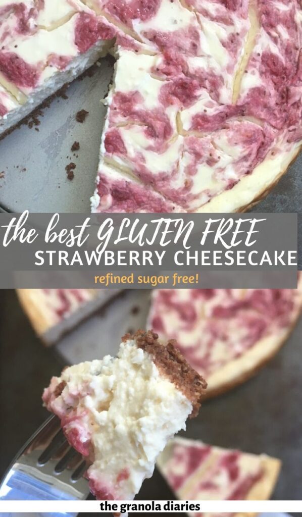 Healthy Gluten Free Strawberry Cheesecake! Refined sugar free and sweetened with honey and made with a gluten free almond flour crust. #cheesecake #refinedsugarfree #glutenfree 