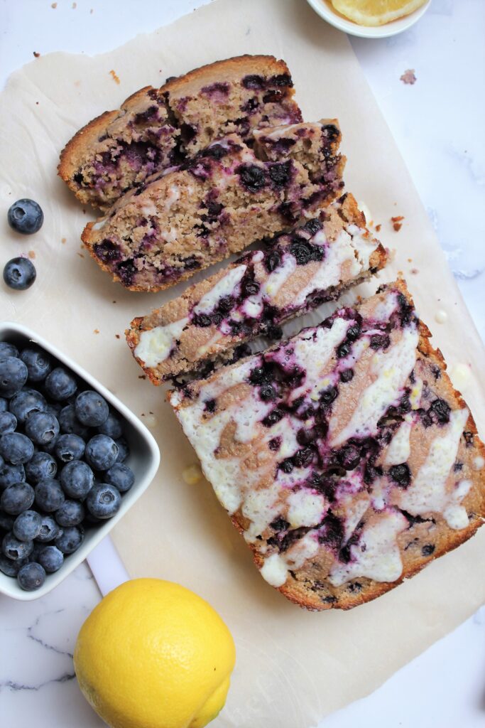 gluten free lemon bluberry bread with coconut butter frosting