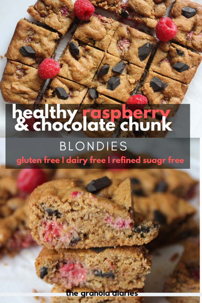 healthy blondies - raspberry dark chocolate chunk blondies