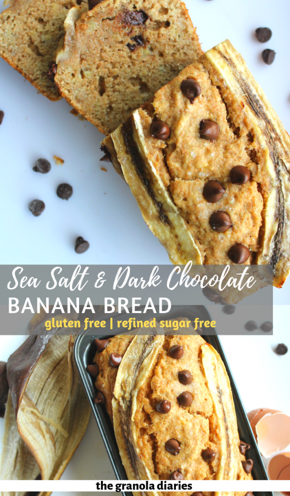 Healthy Banana Bread made with Spelt Flour and topped with Sea Salt and dark chocolate! Can be made gluten free and dairy free, and super easy to make! 