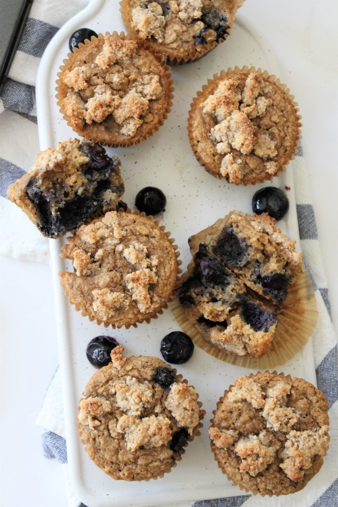 Healthy Blueberry Streusal Muffins that are naturally gluten free, dairy free, and made without refined sugar! #healthybluerrymuffins #muffinrecipe #healthybaking
