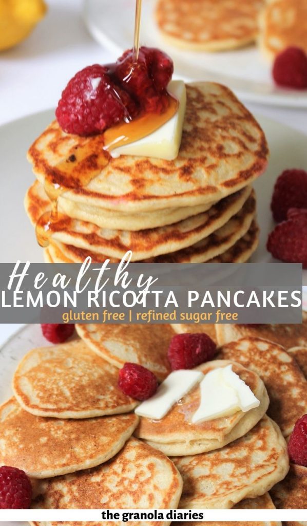 Healthy Lemon Ricotta Pancakes made with oat flour, naturally gluten free and refined sugar free. Topped with some raspberries and butter! #lemonricottapancakes #healthypancakes #lemonricotta