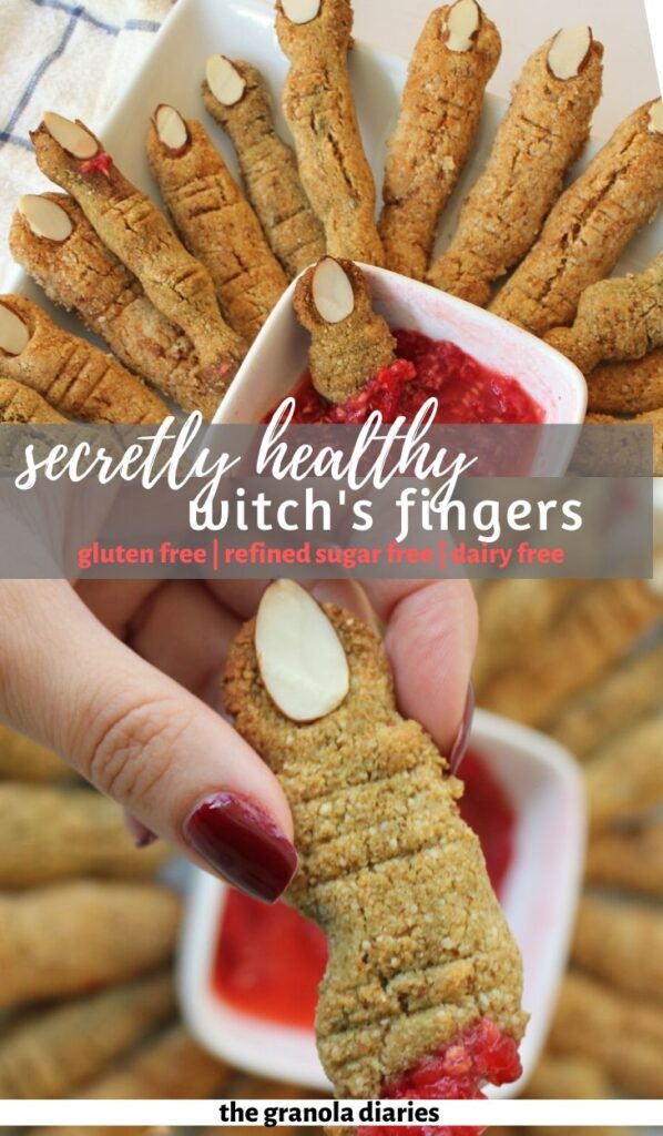 Witch Finger Cookies made with all natural ingredients that are not scary at all! #witchfingercookies #glutenfreecookies #halloweenbaking
