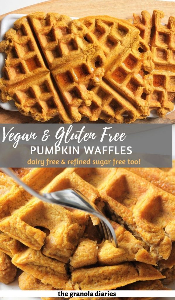 Healthy Vegan Pumpkin Waffles made with oat flour and real pumpkin puree! #pumpkinwaffles #veganwaffles #glutenfreewaffles