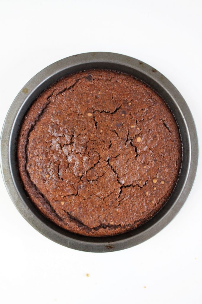 flourless chocolate cake after baking