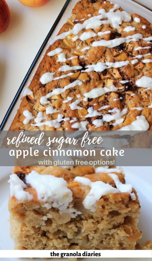 This Apple Yogurt Cake Recipe is delicious, moist, and super easy. It is refined sugar free, nut free, and can easily be made gluten free with a gluten free flour option. It comes together in only a few minutes and makes a delicious, healthy snack! #applecake #yogurtcake #appleyogurtcake #snackingcake #applecinnamoncake