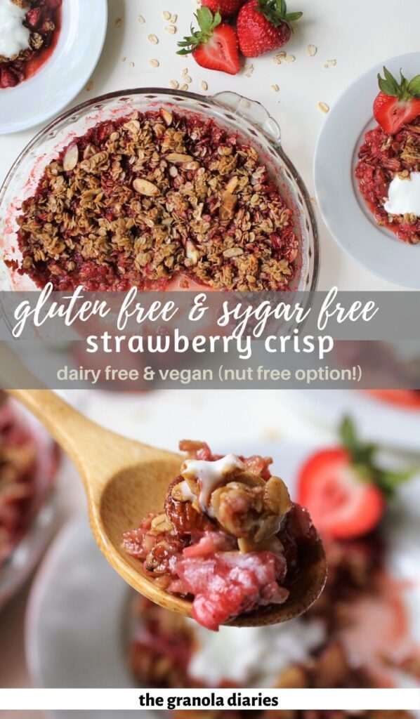 vegan and gluten free strawberry crisp recipe! Made with some simple pantry staples and fresh strawberries, which are naturally sweet so there is no added sugar! This dessert is perfect for summer picnics or BBQs, and anyone can make it! #strawberrycrisp #strawberrycrumble #glutenfreevegan #easysummerrecupes