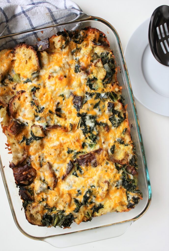 Vegetarian kale strata, just baked with melty cheese crust on top