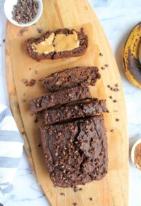 Gluten Free and Dairy Free Double Chocolate Banana bread, over head shot of the loaf