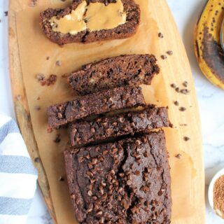 Gluten Free and Dairy Free Double Chocolate Banana bread, over head shot of the loaf