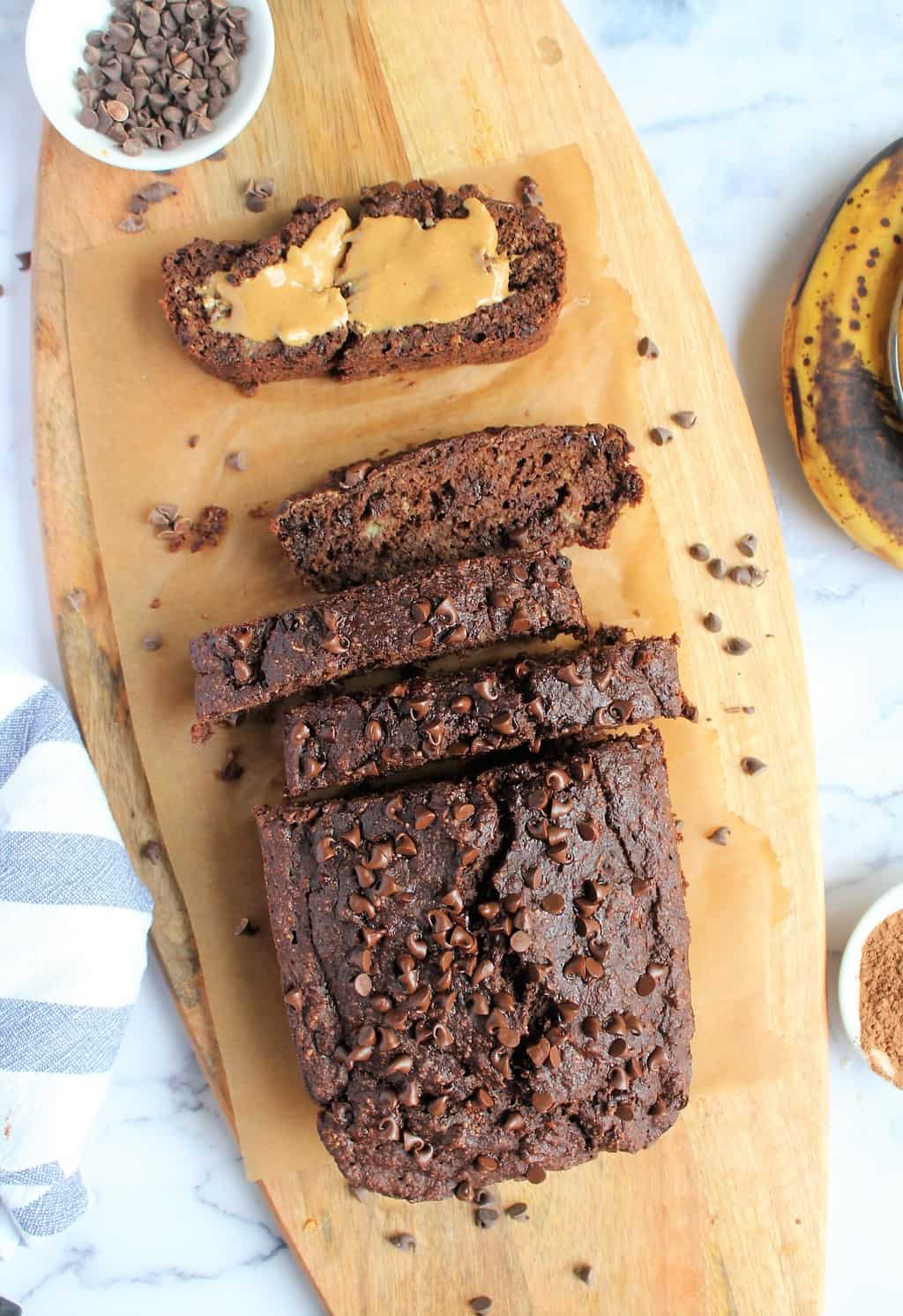 Gluten Free and Dairy Free Double Chocolate Banana bread, over head shot of the loaf