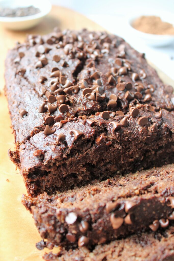 close up of gluten free double chocolate banana bread loaf 