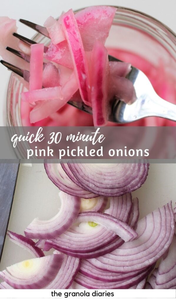 How to Make Quick Pickled Onions - crunchy, tangy, slightly sweet, and a perfect pop of color to any dish! #pickledonions #hommeade #redonion #pickling