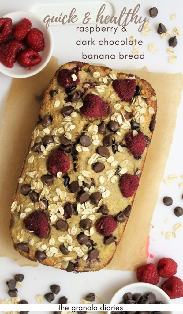 Dark Chocolate and Raspberry Banana Bread (Gluten Free, dairy free, refined sugar free) - Made with only 6 clean ingredients and comes together in minutes. A delicious and easy recipe for when you want to dress up Banana Bread but keep it healthy! Made with all real, wholesome ingredients. #glutenfree #dairyfree #bananabread #raspberry #darkchocolate