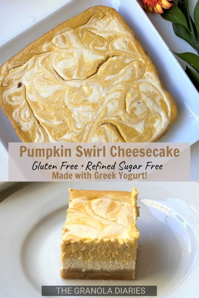 Healthy Gluten Free Pumpkin Cheesecake Bars - made with greek yogurt and real pumpkin puree! #cheesecake #pumpkin #glutenfree #sugarfree #pumpkinswirl