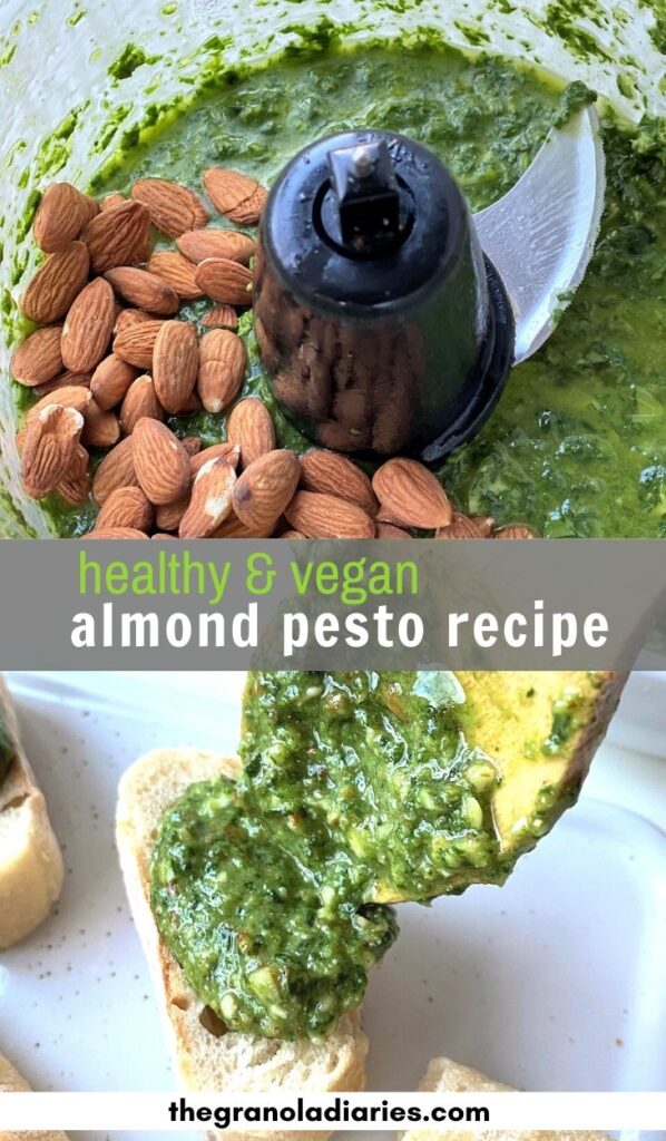 Healthy Vegan Almond Pesto - easy recipe, made in less than 5 minutes! Uses spinach and almonds for the best pesto recipe ever, #pesto #vegan #dairyfree #easyrecipe