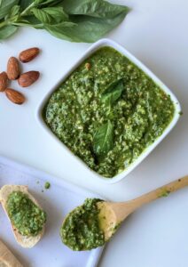 close up of almond pesto in a bowl