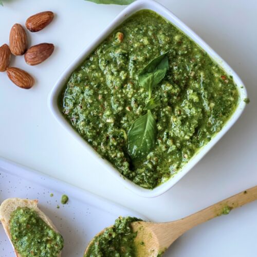 close up of almond pesto in a bowl