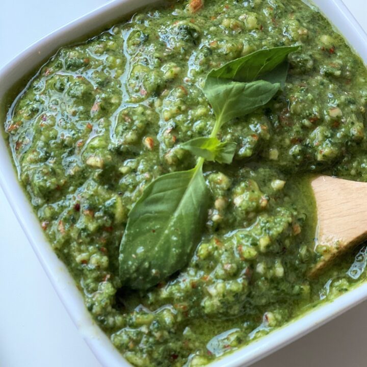 close up of almond pesto in a bowl
